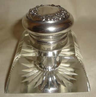 Htf Antique Gorham Sterling Silver Dip Pen Cut Glass Inkwell - S3212 Floral