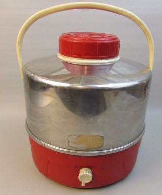 Rare Vintage Red And Chrome Metal Thermos Picnic Jug With Dispenser Spout
