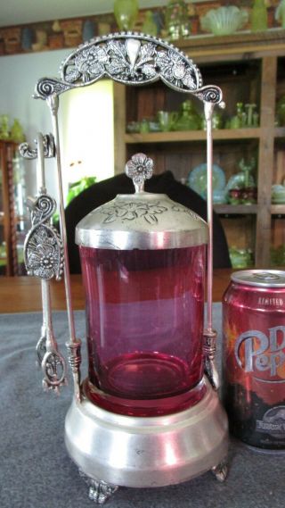 Victorian Style Cranberry Blown Glass Pickle Castor W/ Silverplate Frame & Tongs