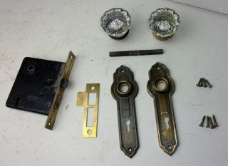 Antique Hardware Set 12 Points Glass Door Knobs Art Deco Backplate Mortise Lock