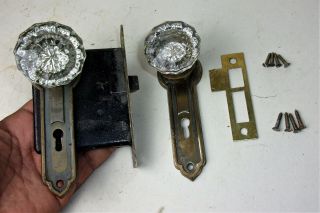 Antique Hardware Set 12 Points Glass Door Knobs Art Deco Backplate Mortise Lock 3