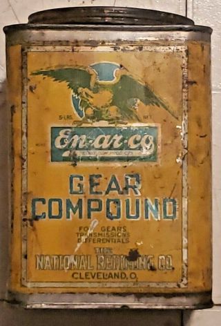 Vintage En - Ar - Co Ohio Cleveland 5 Lbs Gear Grease Square Metal Grease Can