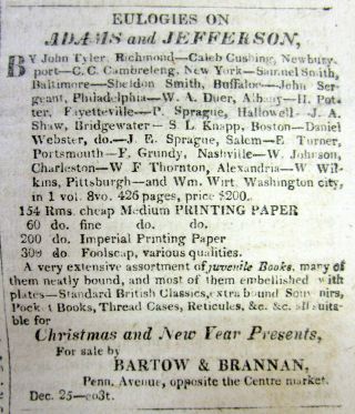1827 Washington Dc Display Newspaper With Death Of Thomas Jefferson & John Adams