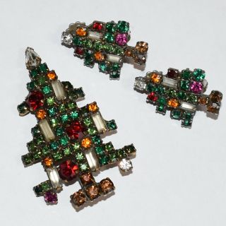 Vintage Weiss 5 Candle Christmas Tree Brooch 2 Candle Clip On Earrings Rhineston