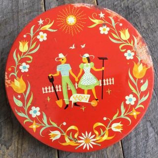 Vintage Thin Round Tin Metal Container Cowboy & Cowgirl Farm Couple Floral Red