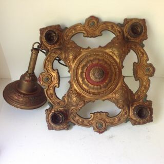 Antique Ornate Polychrome Cast Iron Hanging 4 Lite Ceiling Light Chandelier Lamp