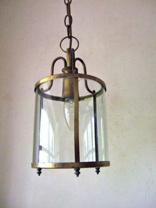 Antique French Brass And Round Glass Lantern Chandelier Hall Light