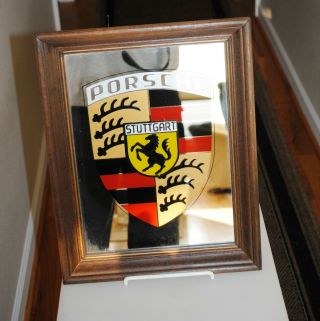 Vintage Porsche Stuttgart Wall Mirror Logo Shield Framed