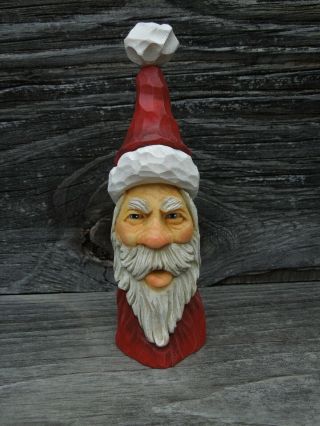 Wood Carving St.  Nick Long Hat Santa Claus White Christmas Scott Longpre