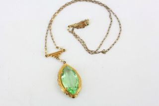 Antique Art Deco Czech Green Paste Crystal Pearl Gold Plated Lavalier Necklace