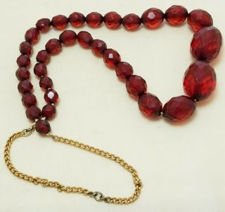 Vintage Bakelite Deep Red Cherry Amber Faceted Bead " Necklace "