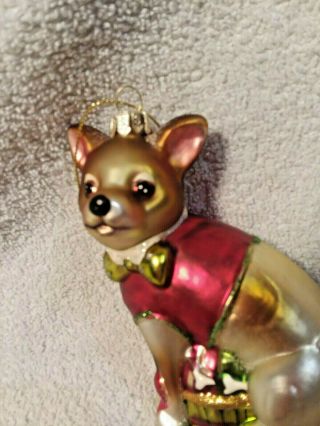 Chihuahua Dog Sitting On A Basket Of Presents Hand Blown Glass Ornament