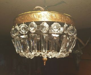 Vintage 10 " Italy Flush Mount Crystal & Brass 2 Light Ceiling Chandelier