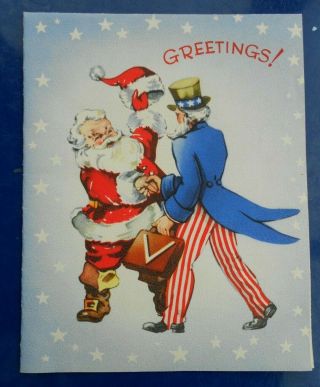 Vintage 1942 Ww2 World War Patriotic Uncle Sam & Santa Christmas Years Card