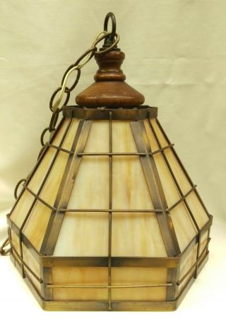 Antique Arts And Crafts Pendant Light Slag Glass Swag Lamp Mission Vtg