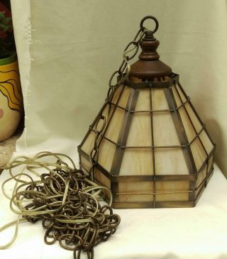 Antique Arts and Crafts Pendant Light Slag Glass Swag Lamp Mission VTG 2