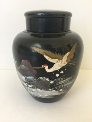 Vintage Metal Hand Painted Tea Caddy Jar With Crane Heron Bird (s2)