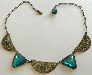 Vintage Art Nouveau Aqua Blue Rhinestone & Enamel Necklace Z5