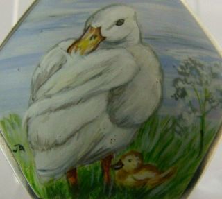 Pretty English Solid Silver Enamelled Duck & Chick Pill Box 1994