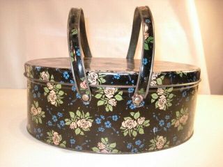 Vintage Oval Tin With Handles & Lid Black W/ Pink Roses Sewing Or Lunch Box?