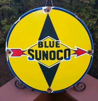 Old Sunoco Blue Gasoline - Motor Oil Porcelain Enamel Gas Pump Station Sign