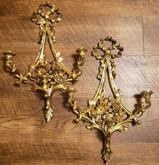 Vintage Ornate Gold/ Brass Tone Syroco 3 Arm Wall Candle Sconces