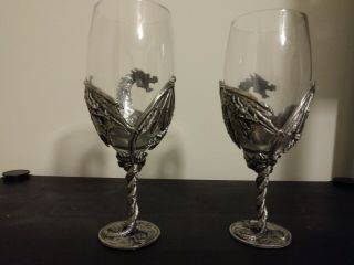 Myths & Legends Dragon Wine Glasses Goblet Pair Veronese Pewter & Glass Gothic