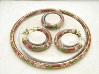 Vtg Asian Oriental Red Floral Cloisonne Bangle Bracelet Earring Ring Set