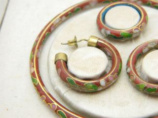 VTG Asian Oriental Red Floral Cloisonne Bangle Bracelet Earring Ring Set 3
