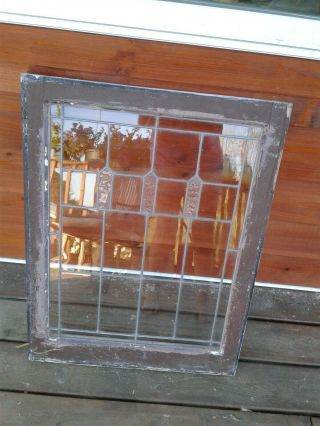 Lovely Old Leaded Stained Glass Window In Wood Frame Geometric Design 31 " × 24 "