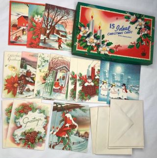 Box Of 15 Vintage Christmas Cards With Envelopes Santa Candles Holly
