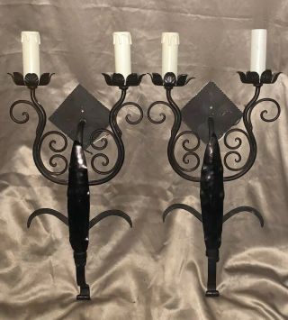 Vintage 24” Matching Pair Double Arm Cast Iron Spanish Wall Sconce Electri