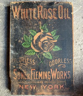 White Rose Oil Vintage Tin Drum Crate Wooden Box End Only Sign