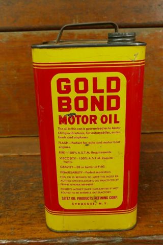 Vintage Gold Bond Motor Oil 2 Gallon Can - Seitz Refining Co - Syracuse York 2
