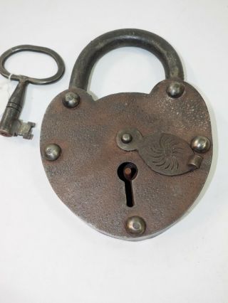 Large Wrought Iron Antique Heart Form Padlock And Skeleton Key 7.  5 " X 5.  25 "