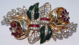 Vintage Coro Duette Rhinestone & Enamel Flower Pin Dress Clip