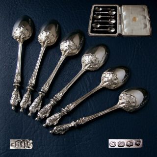 A Very Ornate Set Of 6 Antique Victorian Solid Silver Tea Spoons.  London 1868 Hh