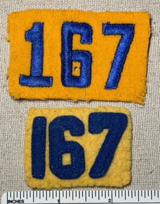 (2) 1940s Cub Scout Troop Number 167 Uniform Badge Felt Patches Blue Gold Boy