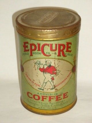 Old Tin Litho Epicure Brand Tall Screw Lid Advertising Coffee Tin Can
