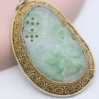 Vtg Chinese Export Sterling Silver Filigree Carved Jadeite Jade Pendant
