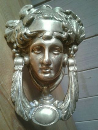 Antique Cast Brass Art Noveau Period Oak Maiden Door Knocker