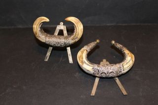 Antique Wild Boar Tusk Menu Holders Pig Sticking Raj Indian Silver