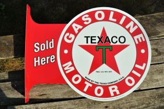Texaco Gasoline & Motor Oil Here Tin Metal Flange Sign - Gas Station - Star