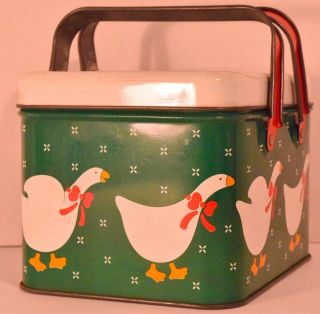 Vintage Mini Cookie Metal Tin Picnic Basket Ducks & Holly CC - 4 2