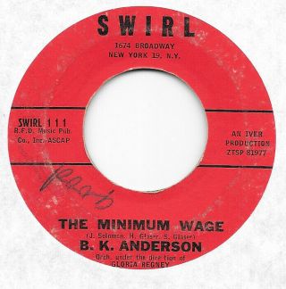 B.  K.  Anderson The Minimum Wage/para Ti,  Para Mi On Swirl Popcorn 45 Hear