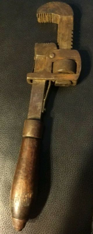 Vintage Stillson 10 " Wood Handle Pipe Wrench (monkey Wrench)