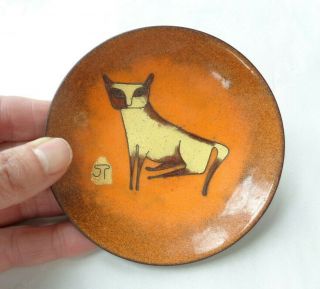 Vintage Mid Century Copper Enamel Cat Trinket Dish Signed