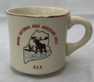, Vintage Bsa Boy Scouts Of America Coffee Mug Maine High Adventure Area Gold Rim