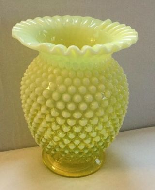 Vintage Fenton Yellow Topaz Hobnail Opalescent Crimped Edge 7.  5” Vase Estate 2