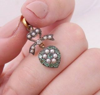 9ct Gold & Silver Gilt Diamond,  Seed Pearl & Emerald Victorian Style Pendant,  375